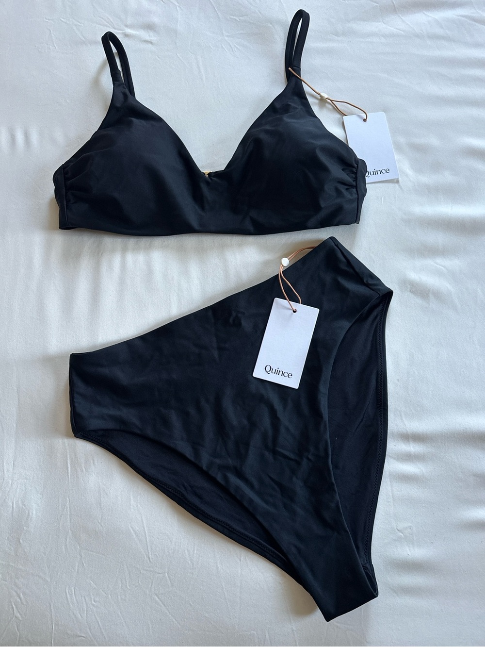 Quince Italian Black Matte V-Neck Bikini Top & High Waisted Bottom Set | L NWT